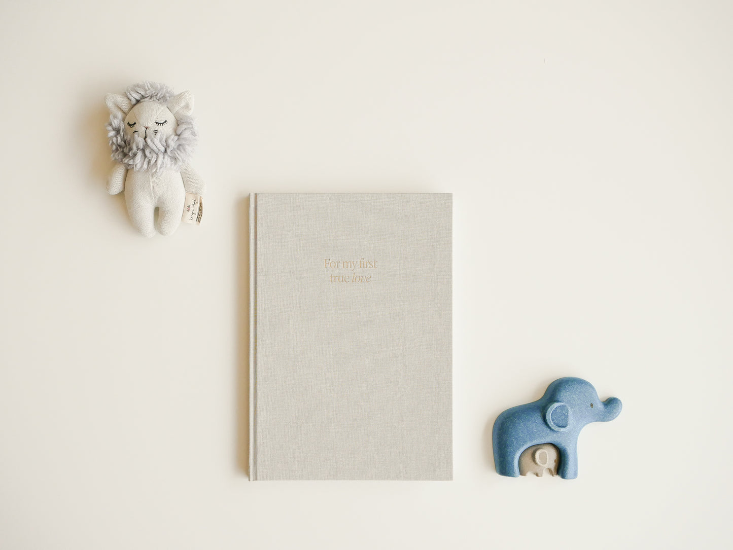 Ein beiges Hardcover Buch mit Leineneinband liegt auf einem weißen Tisch, daneben sind eine hellblaue Löwenrassel und zwei kleine Spielzeugelefanten in dunkelblau und beige dekoriert.